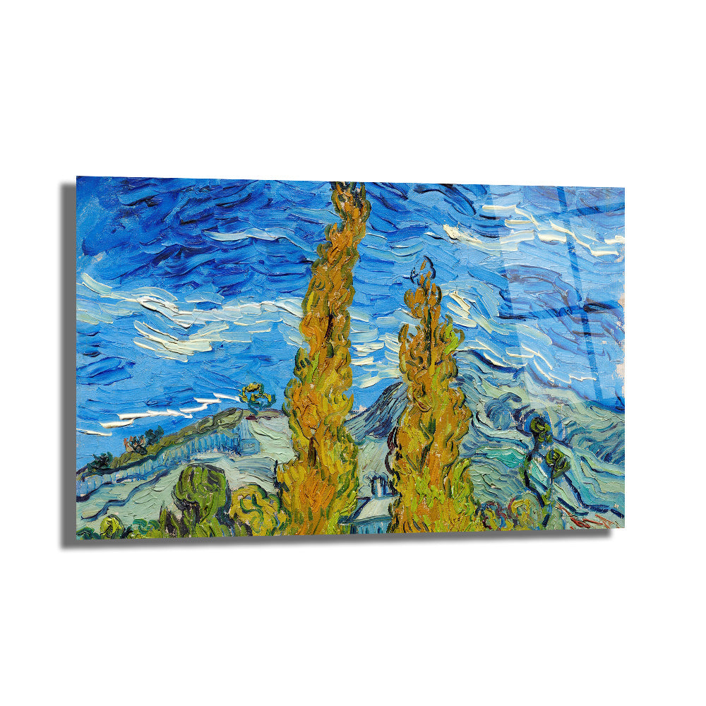 Van Gogh Tarzı Selvi Ağaçları Manzarası Temperli Cam Tablo