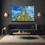 Van Gogh Tarzı Selvi Ağaçları Manzarası Temperli Cam Tablo