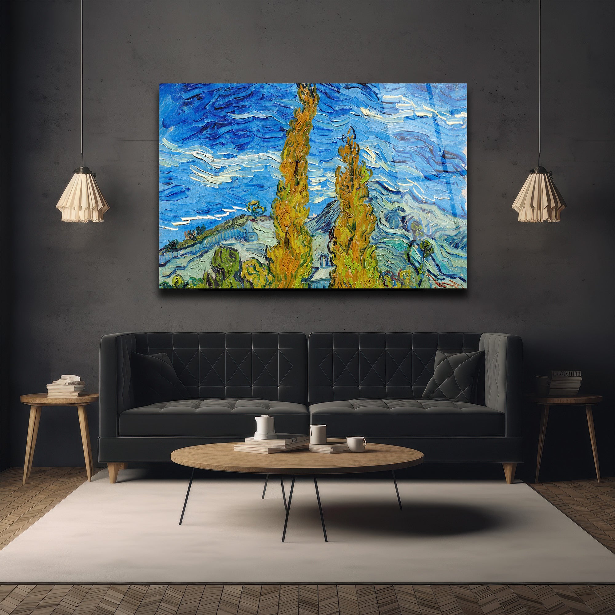 Van Gogh Tarzı Selvi Ağaçları Manzarası Temperli Cam Tablo