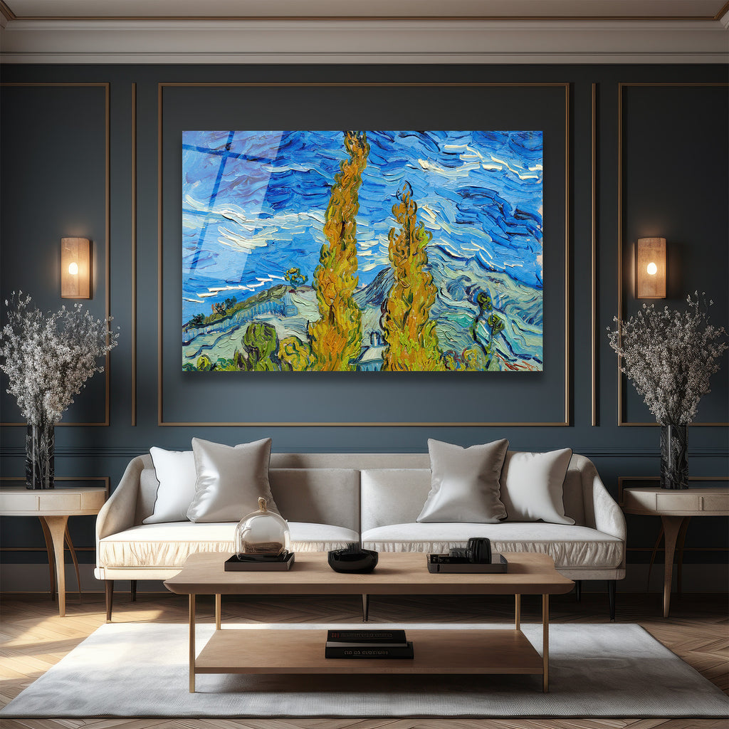 Van Gogh Tarzı Selvi Ağaçları Manzarası Temperli Cam Tablo