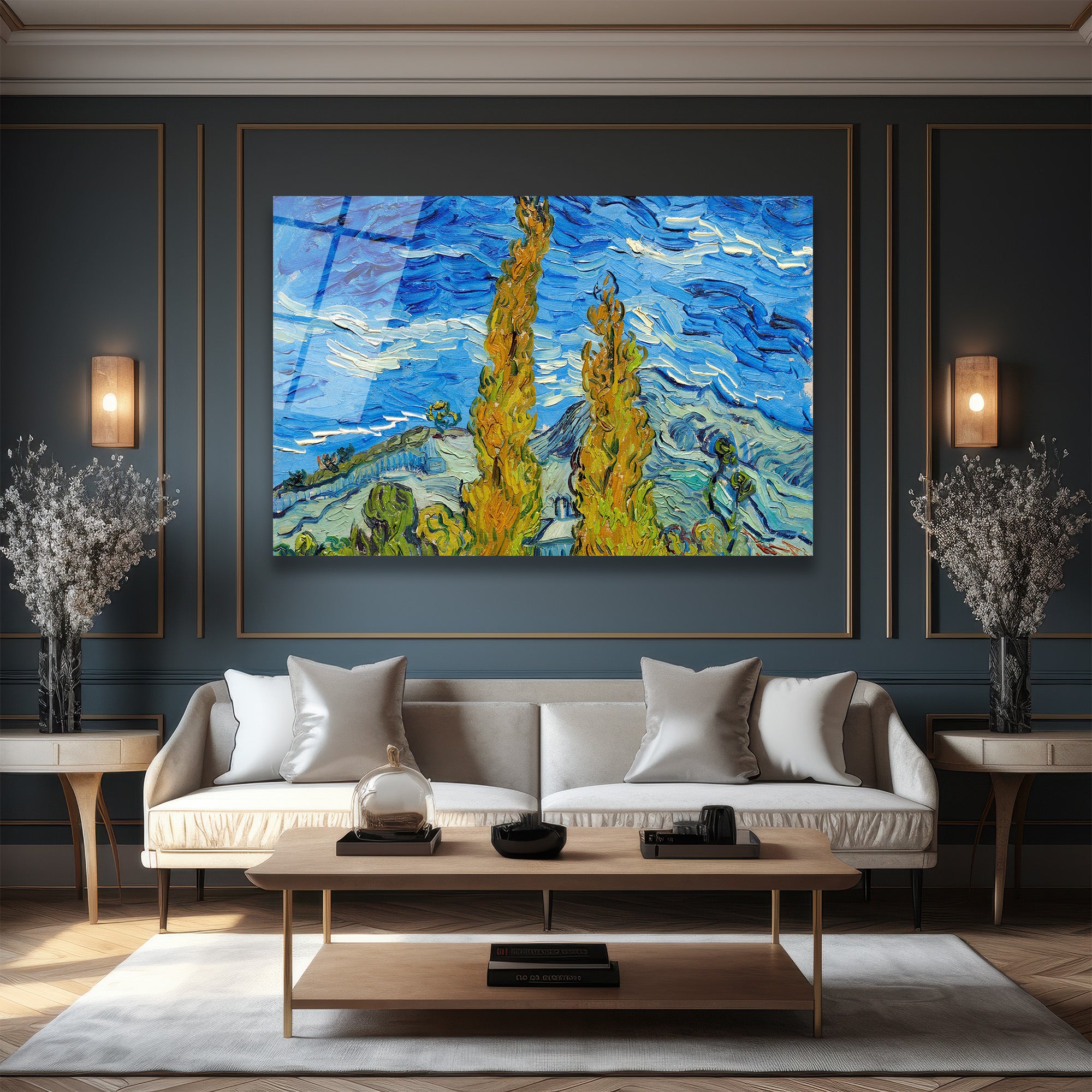Van Gogh Tarzı Selvi Ağaçları Manzarası Temperli Cam Tablo