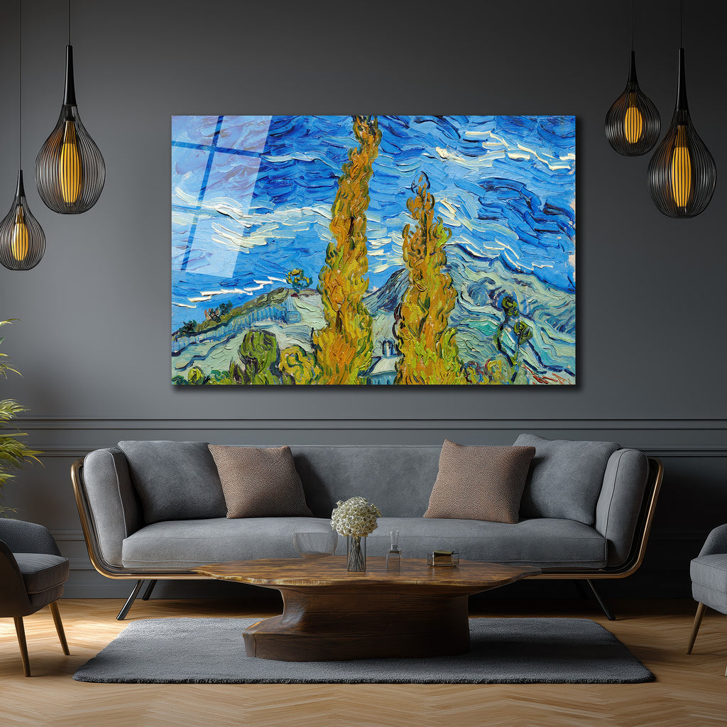 Van Gogh Tarzı Selvi Ağaçları Manzarası Temperli Cam Tablo