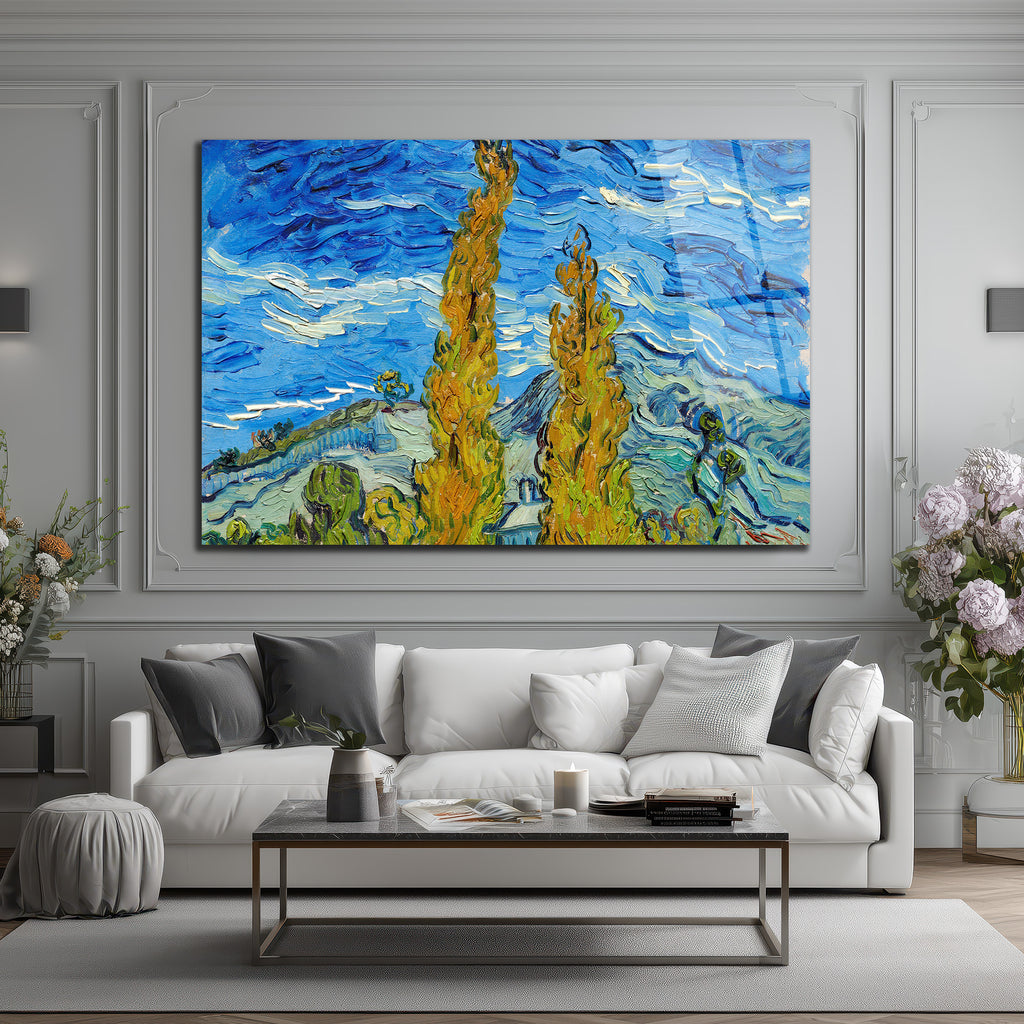 Van Gogh Tarzı Selvi Ağaçları Manzarası Temperli Cam Tablo
