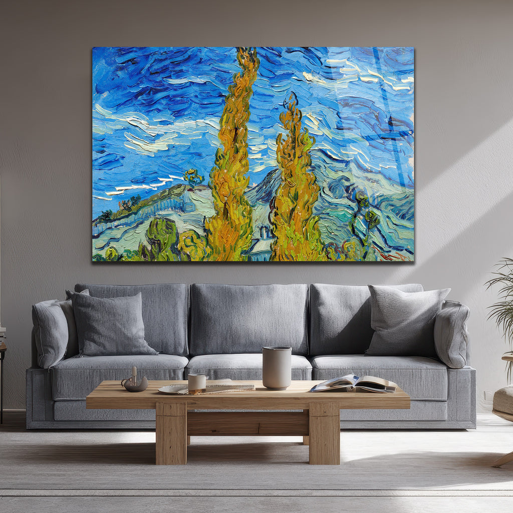 Van Gogh Tarzı Selvi Ağaçları Manzarası Temperli Cam Tablo