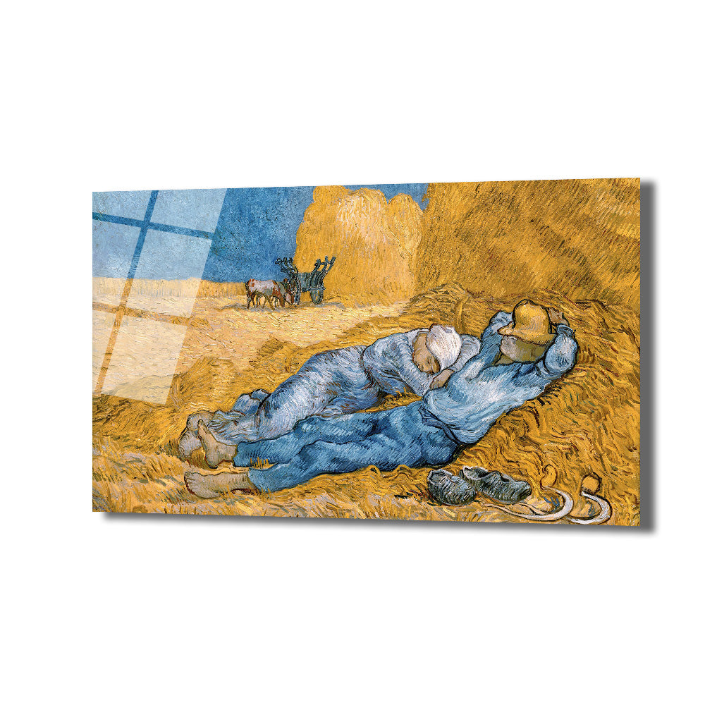 Van Gogh'un Siesta tablosu, samanlıkta uyuyan iki çiftçiyi ve arka planda çalışan çiftlik hayvanlarını gösteren sıcak tonlarda bir eser. Sarı, mavi ve toprak renkleri hakim.