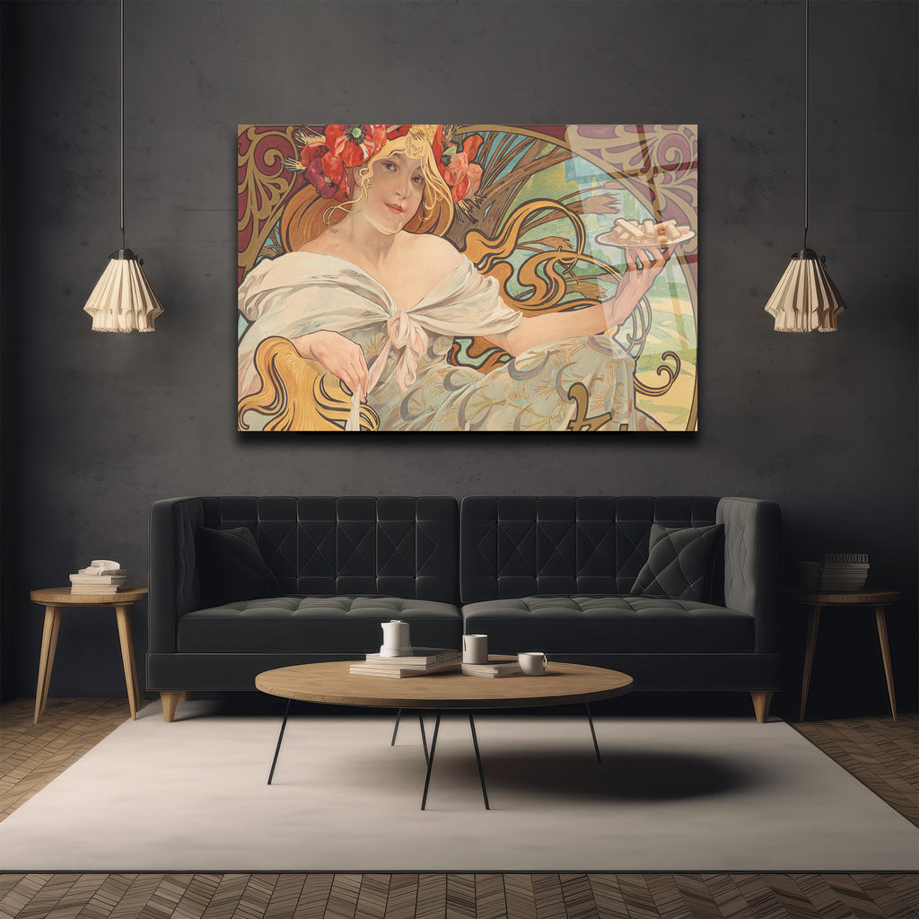 Alphonse Mucha Esintili Art Nouveau Kadın Figürlü Zarif Cam Tablo