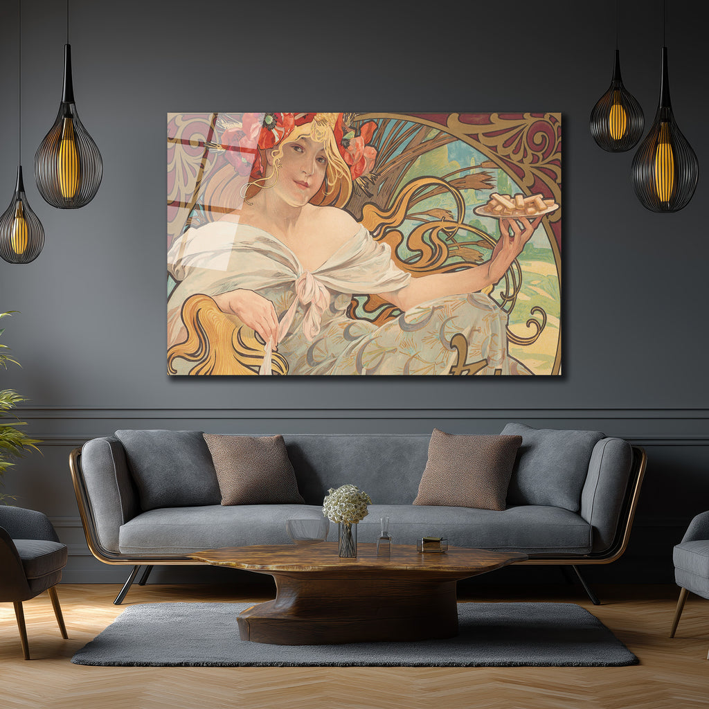 Alphonse Mucha Esintili Art Nouveau Kadın Figürlü Zarif Cam Tablo