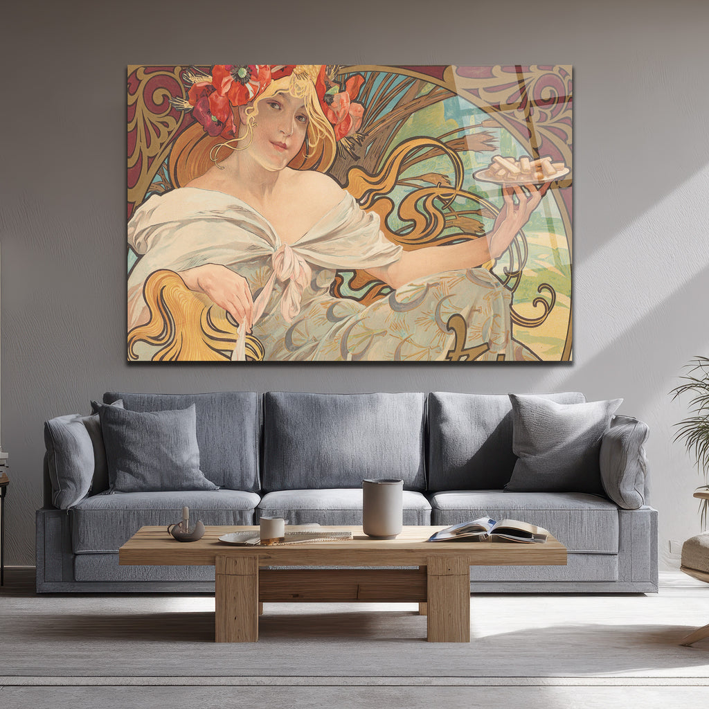 Alphonse Mucha Esintili Art Nouveau Kadın Figürlü Zarif Cam Tablo