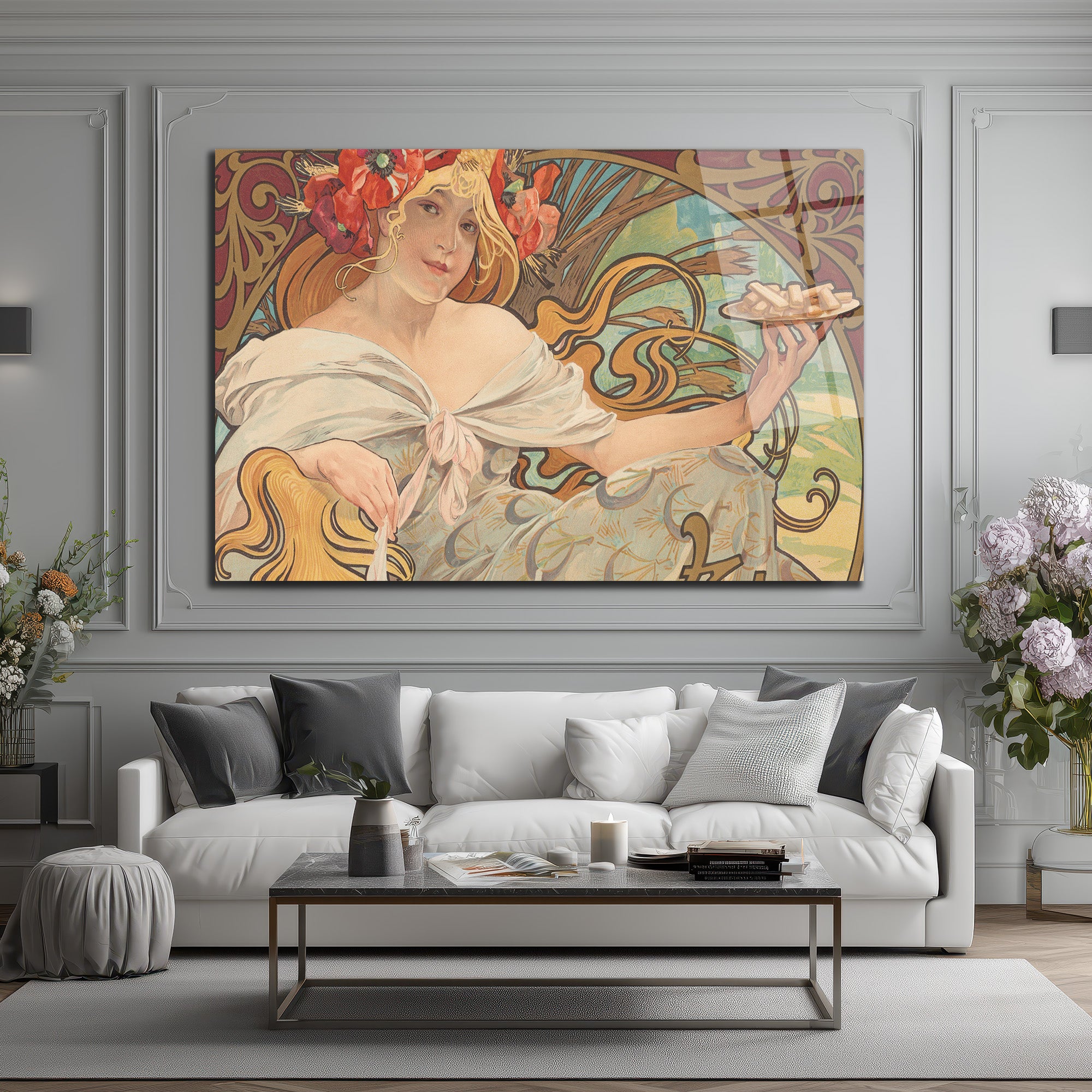 Alphonse Mucha Esintili Art Nouveau Kadın Figürlü Zarif Cam Tablo