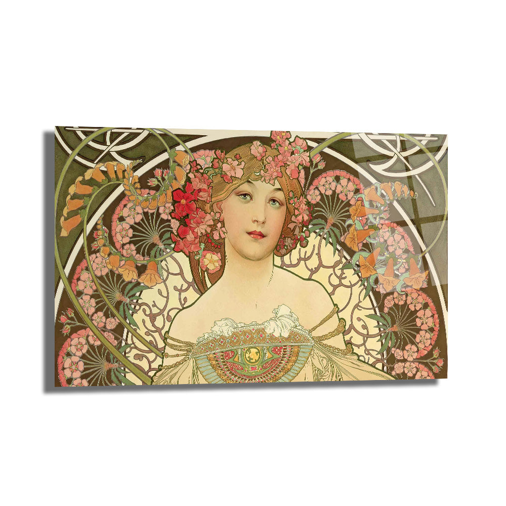 Art Nouveau Zarafeti Çiçekli Kadın Cam Tablo