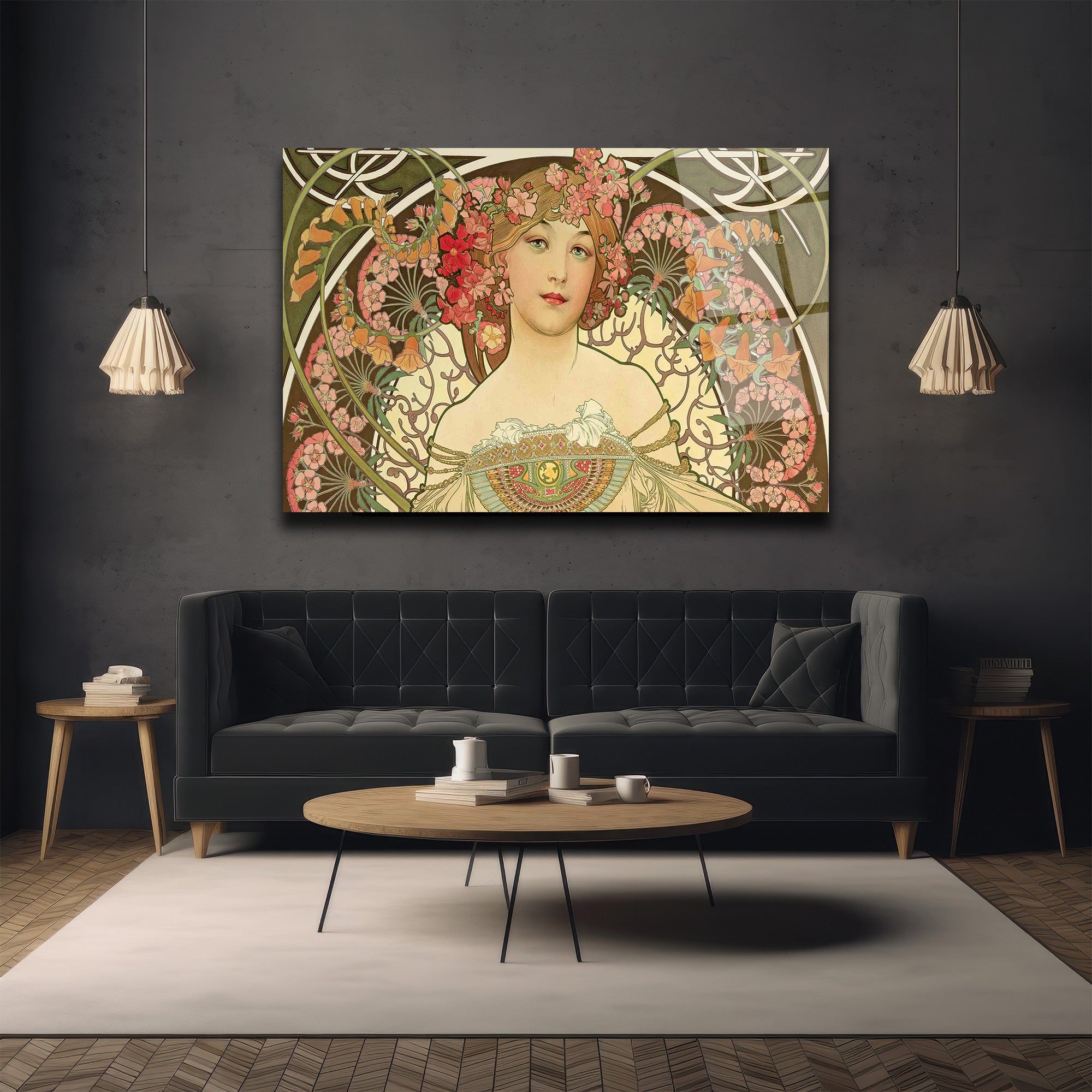 Art Nouveau Zarafeti Çiçekli Kadın Cam Tablo