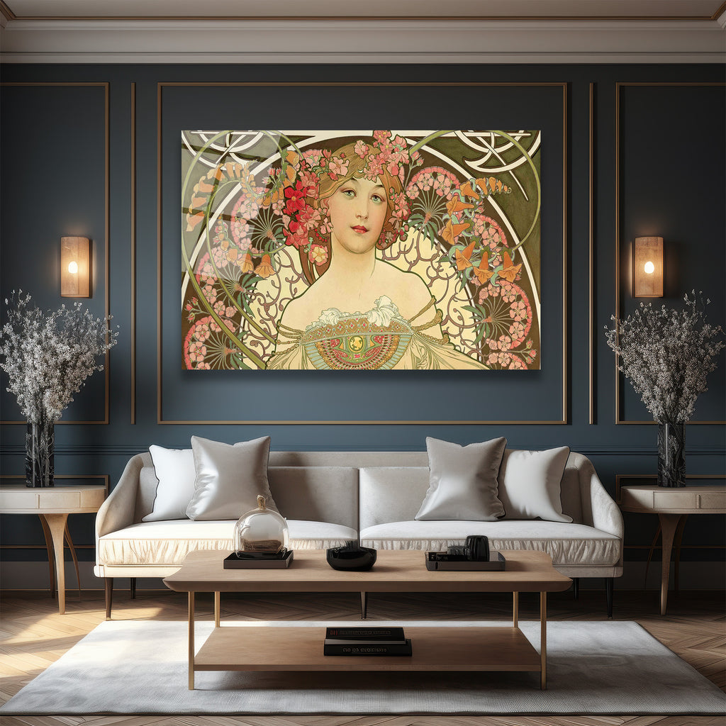 Art Nouveau Zarafeti Çiçekli Kadın Cam Tablo