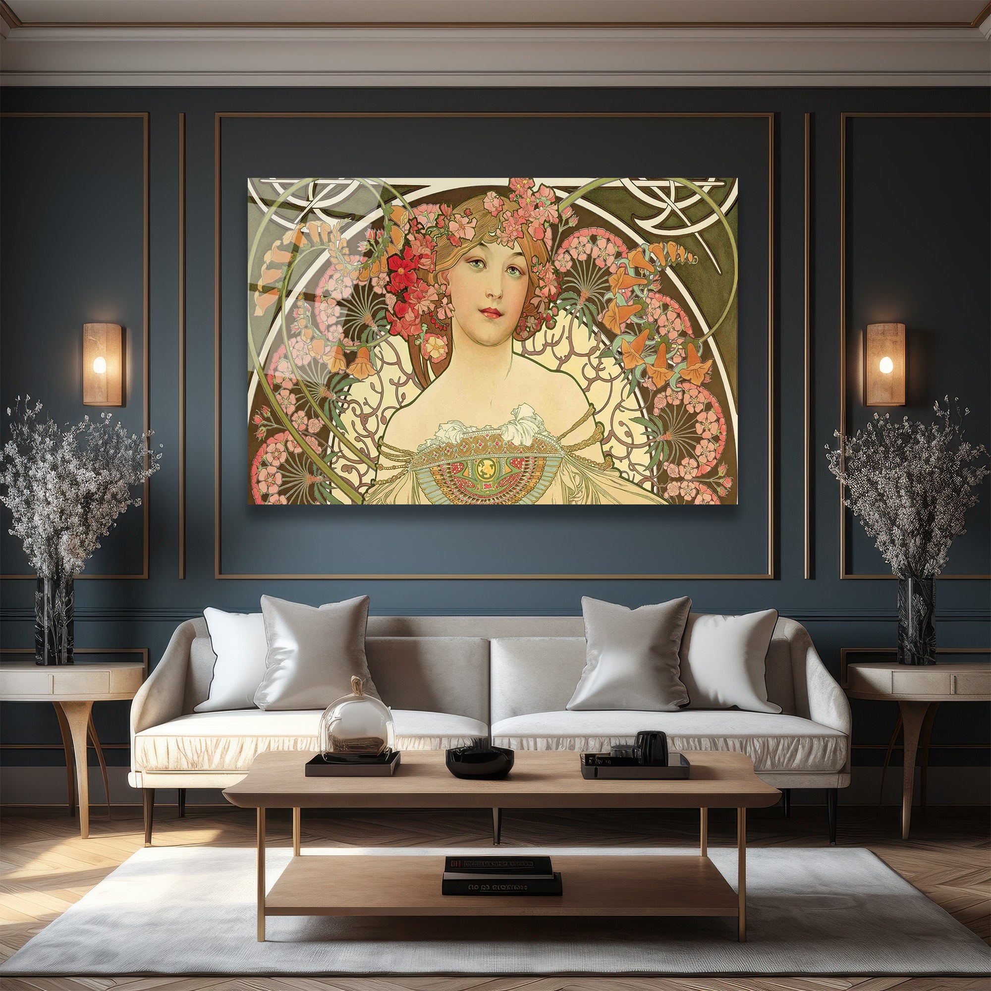 Art Nouveau Zarafeti Çiçekli Kadın Cam Tablo