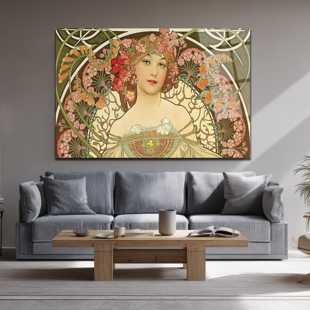 Art Nouveau Zarafeti Çiçekli Kadın Cam Tablo