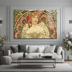 Art Nouveau Zarafeti Çiçekli Kadın Cam Tablo