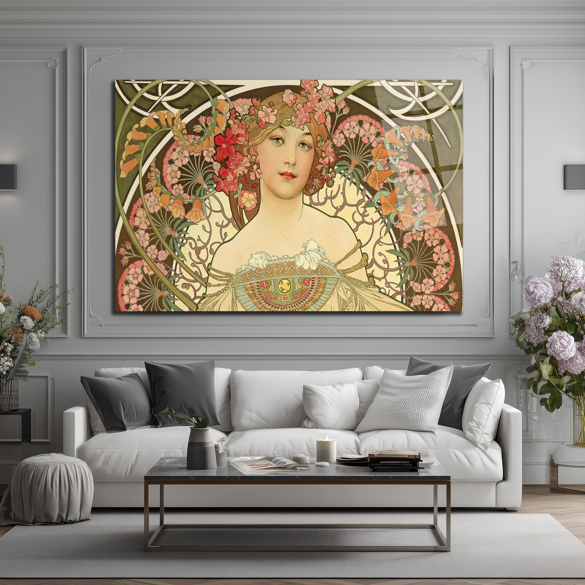 Art Nouveau Zarafeti Çiçekli Kadın Cam Tablo