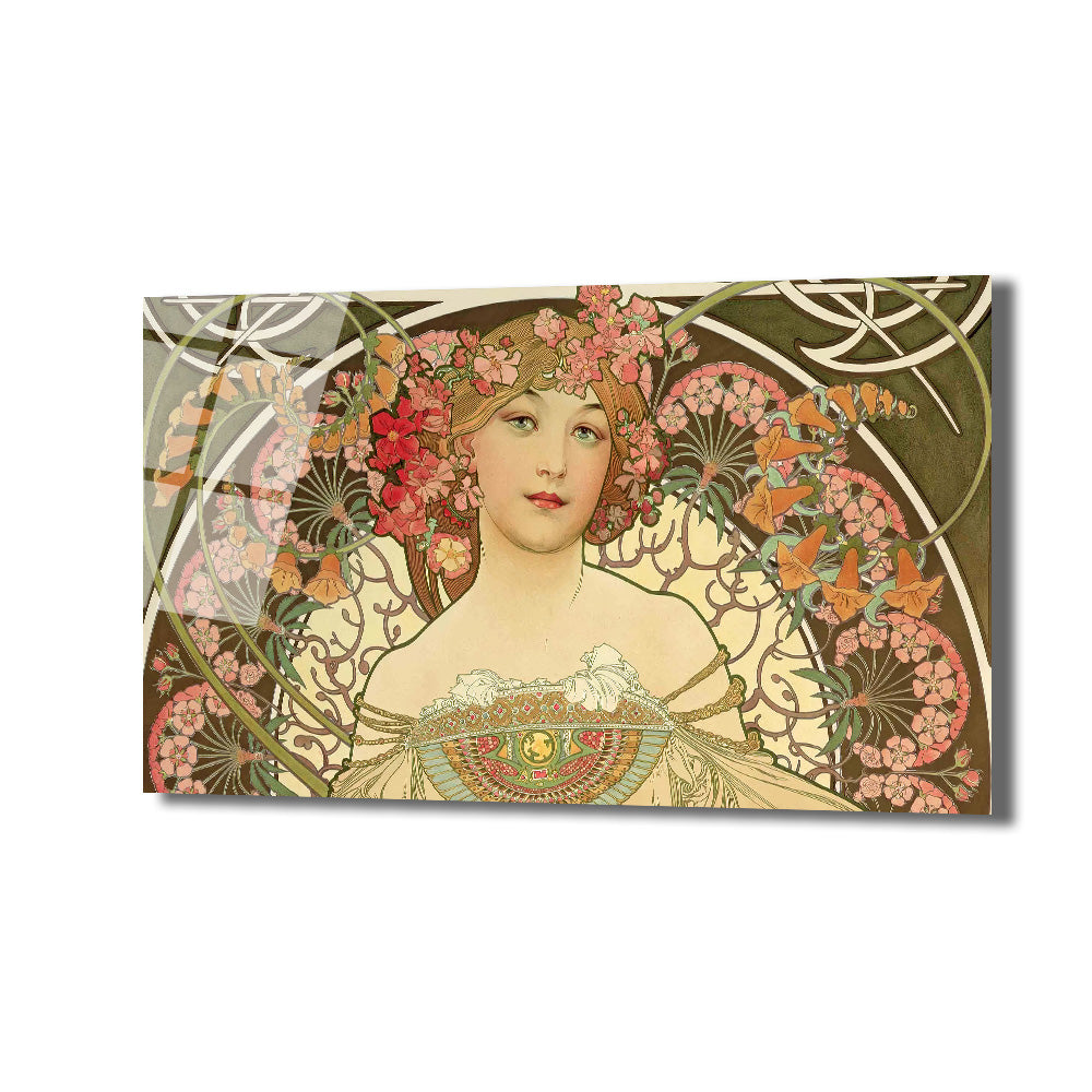 Art Nouveau tarzında, çiçeklerle süslü saçlara sahip bir kadının portresi. Pembe, turuncu ve yeşil tonlarında stilize edilmiş çiçekler ve bitkisel desenlerle çevrili, zarif ve dekoratif bir tasarım.