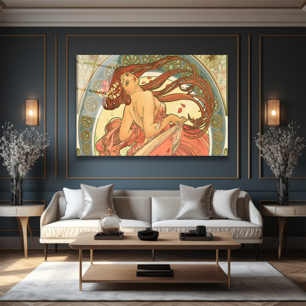 Art Nouveau Zarafeti: Kızıl Saçlı Kadın Cam Tablo