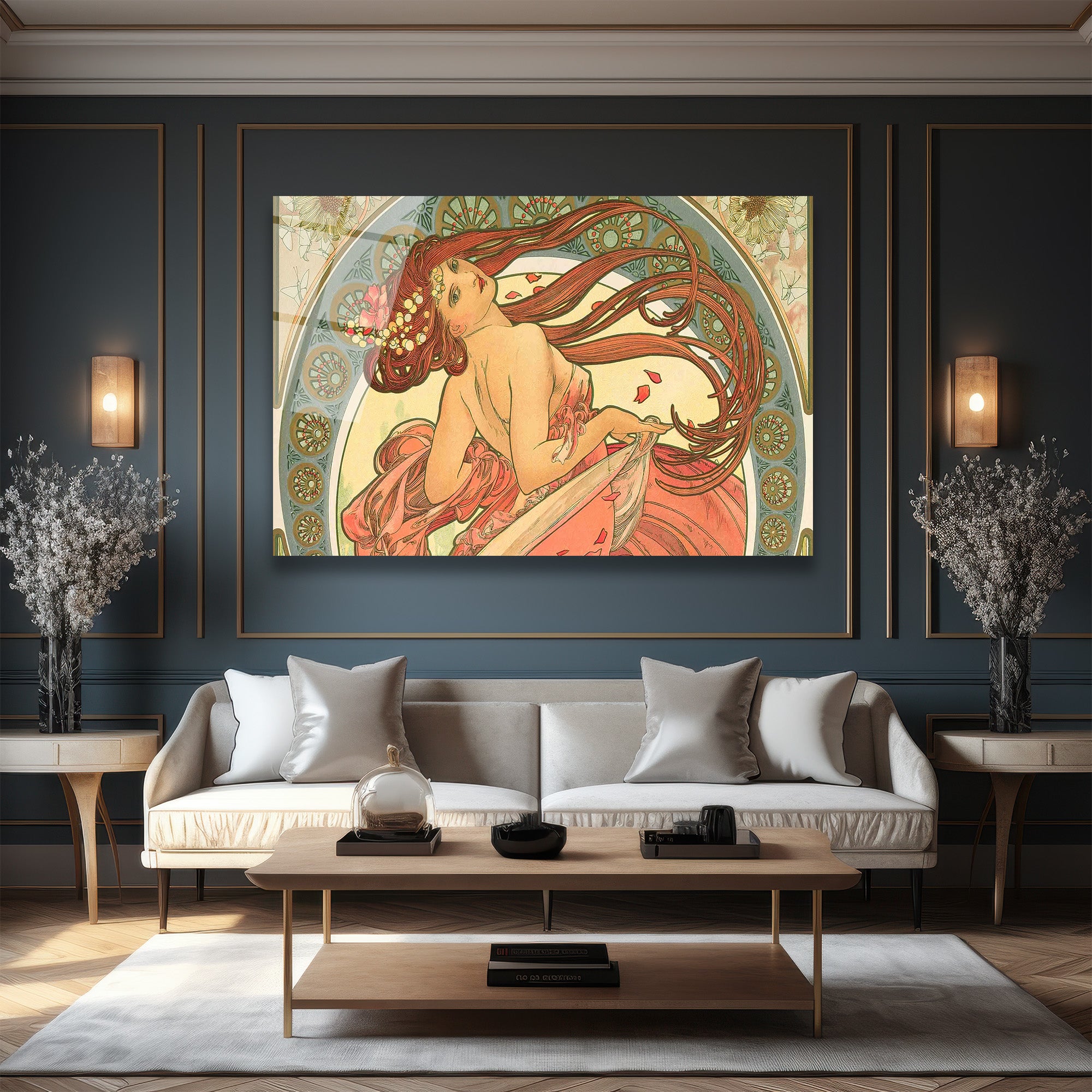 Art Nouveau Zarafeti: Kızıl Saçlı Kadın Cam Tablo