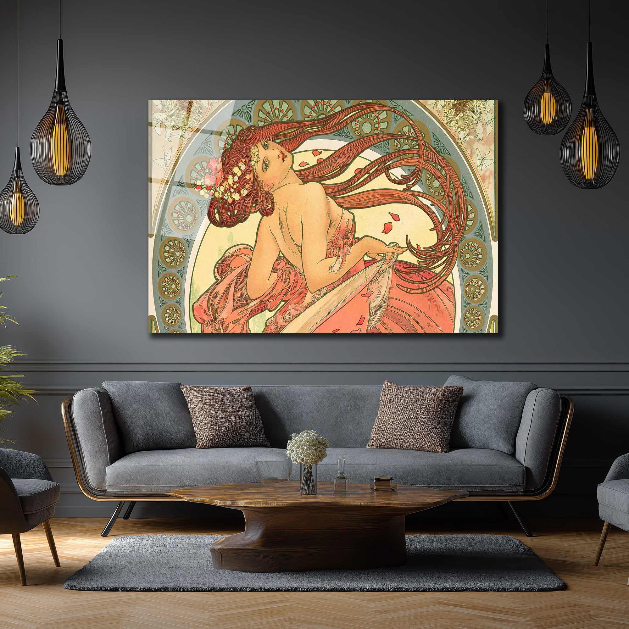 Art Nouveau Zarafeti: Kızıl Saçlı Kadın Cam Tablo