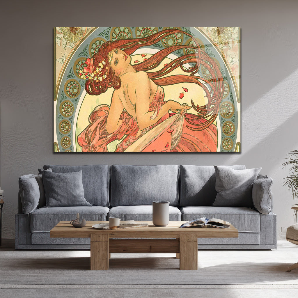 Art Nouveau Zarafeti: Kızıl Saçlı Kadın Cam Tablo