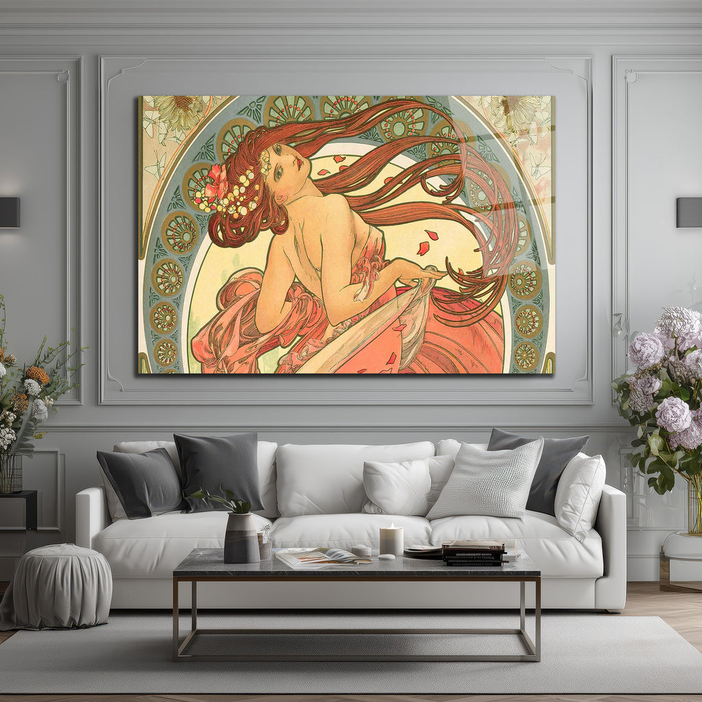 Art Nouveau Zarafeti: Kızıl Saçlı Kadın Cam Tablo