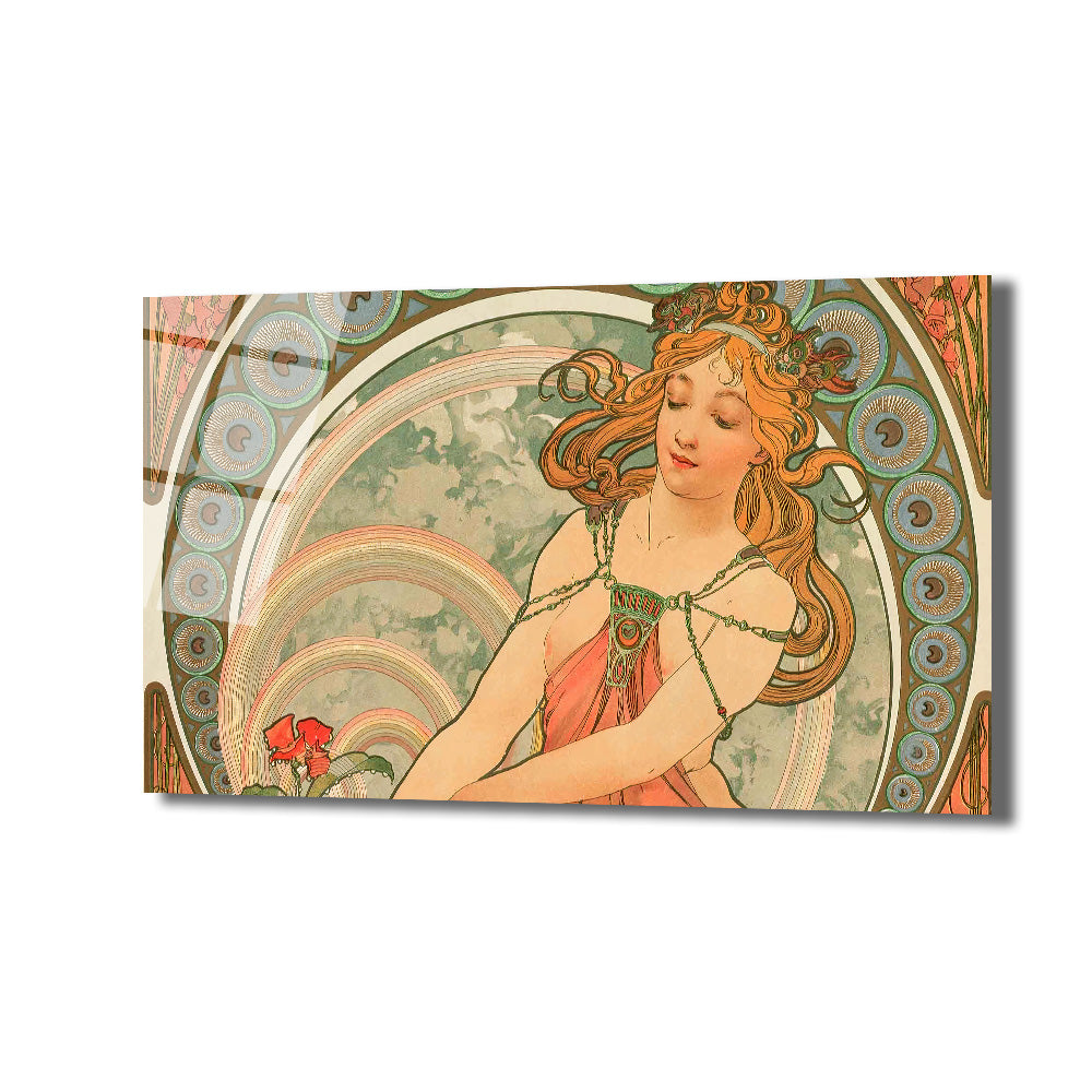 Alphonse Mucha tarzında, uzun dalgalı kızıl saçlı, zarif bir kadının çiçekler ve Art Nouveau'ya özgü geometrik desenlerle çevrili, pastel tonlarda çizimi.