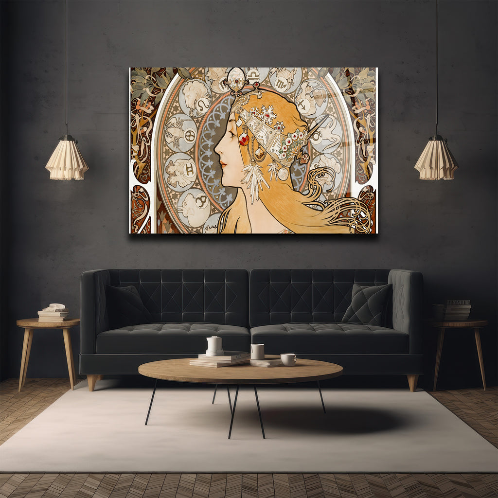 Art Nouveau Zodyak Güzeli Cam Tablo