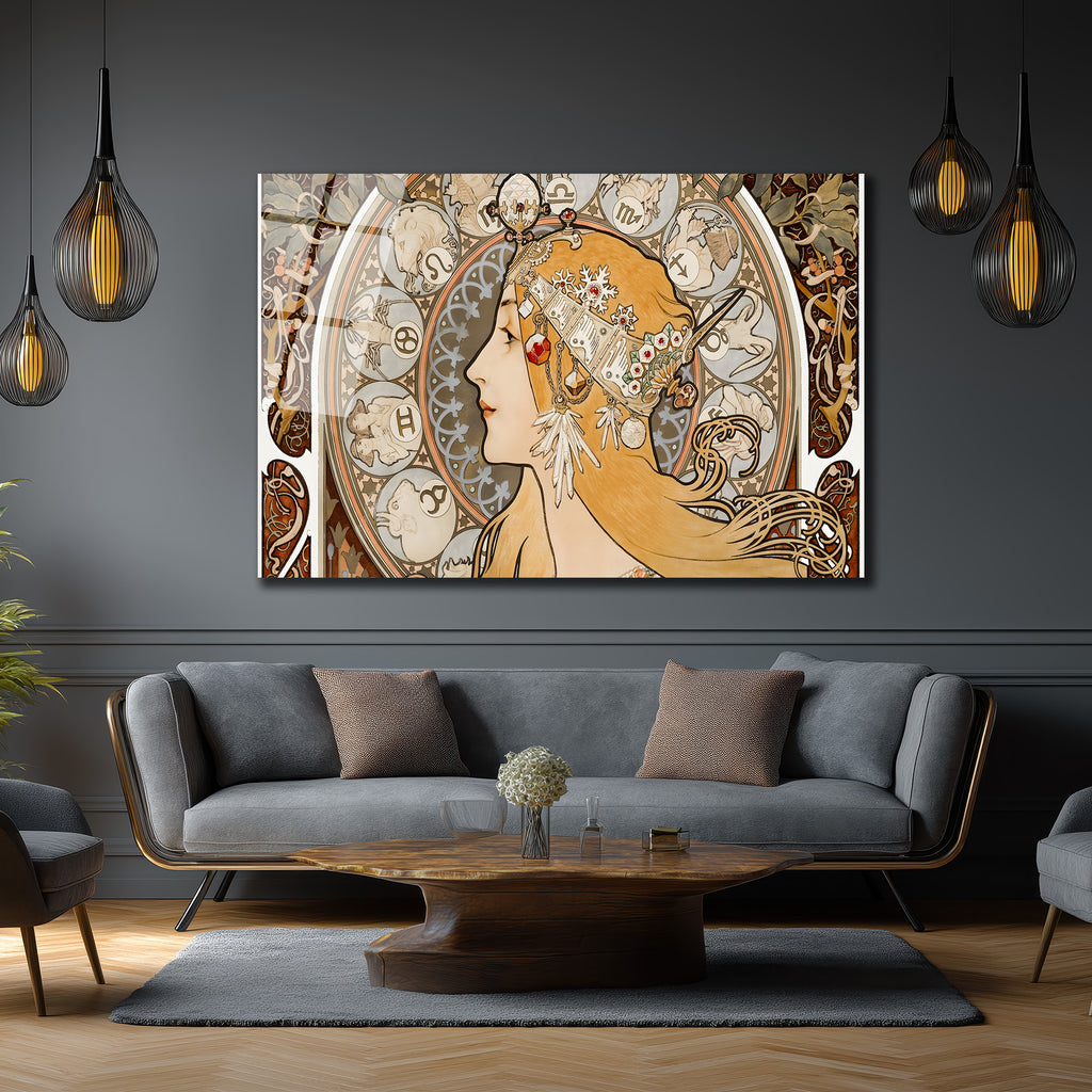 Art Nouveau Zodyak Güzeli Cam Tablo