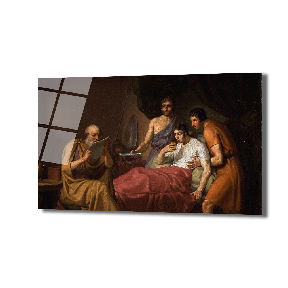 Jacques-Louis David'in 'Sokrates'in Ölümü' tablosu, yaşlı filozof Sokrates'in öğrencileri ve arkadaşları arasında, zehir içmeden önceki son anlarını betimleyen klasik bir sanat eseri. Sol tarafta bir adam kitap okurken, ortada yatakta yatan Sokrates bir kadeh tutuyor ve etrafındaki yaslı figürlerle çevrili.
