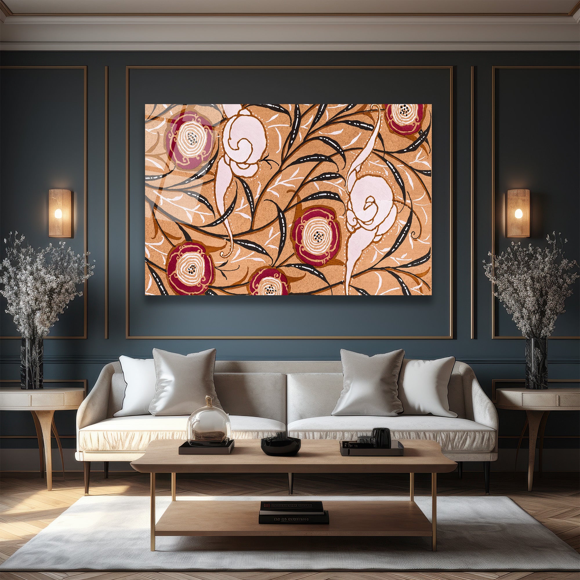Art Nouveau Rüyası: Zarif Çiçek Desenli Cam Tablo
