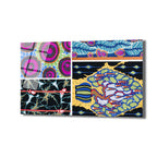 Dört farklı soyut desenin bir araya geldiği, canlı renklerde, çok panelli modern bir cam tablo. Pembe spiraller, mavi yaprak motifleri, kırmızı çizgili siyah desenler ve yeşil-mavi organik formların birleşimi.