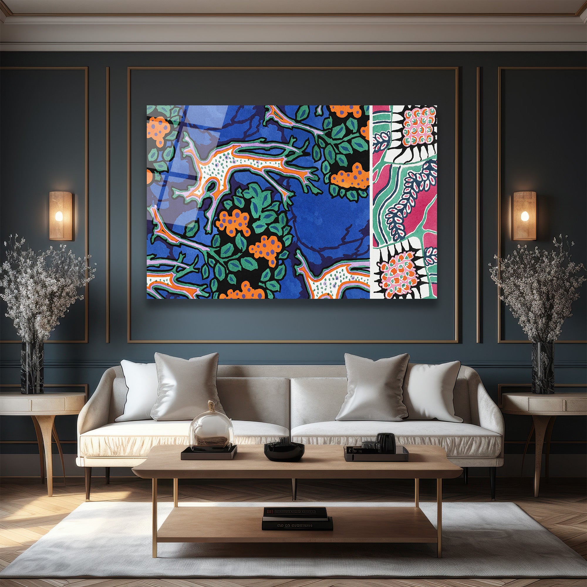Canlı Mavi Orman Desenli Modern Sanat Cam Tablo