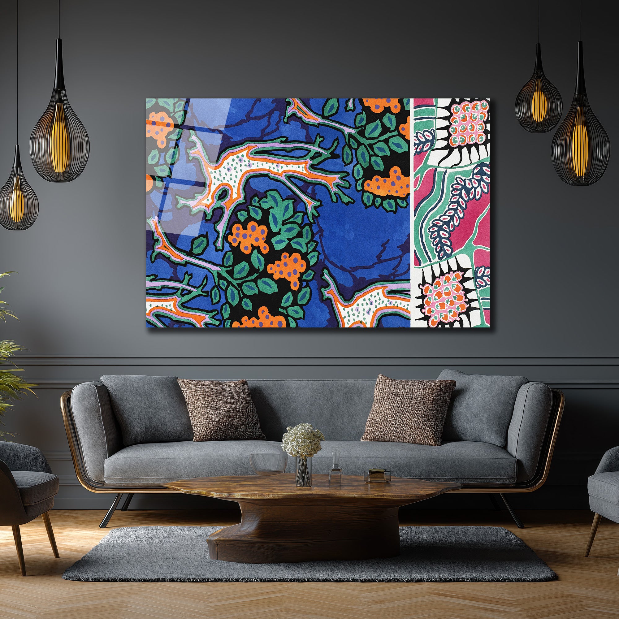 Canlı Mavi Orman Desenli Modern Sanat Cam Tablo