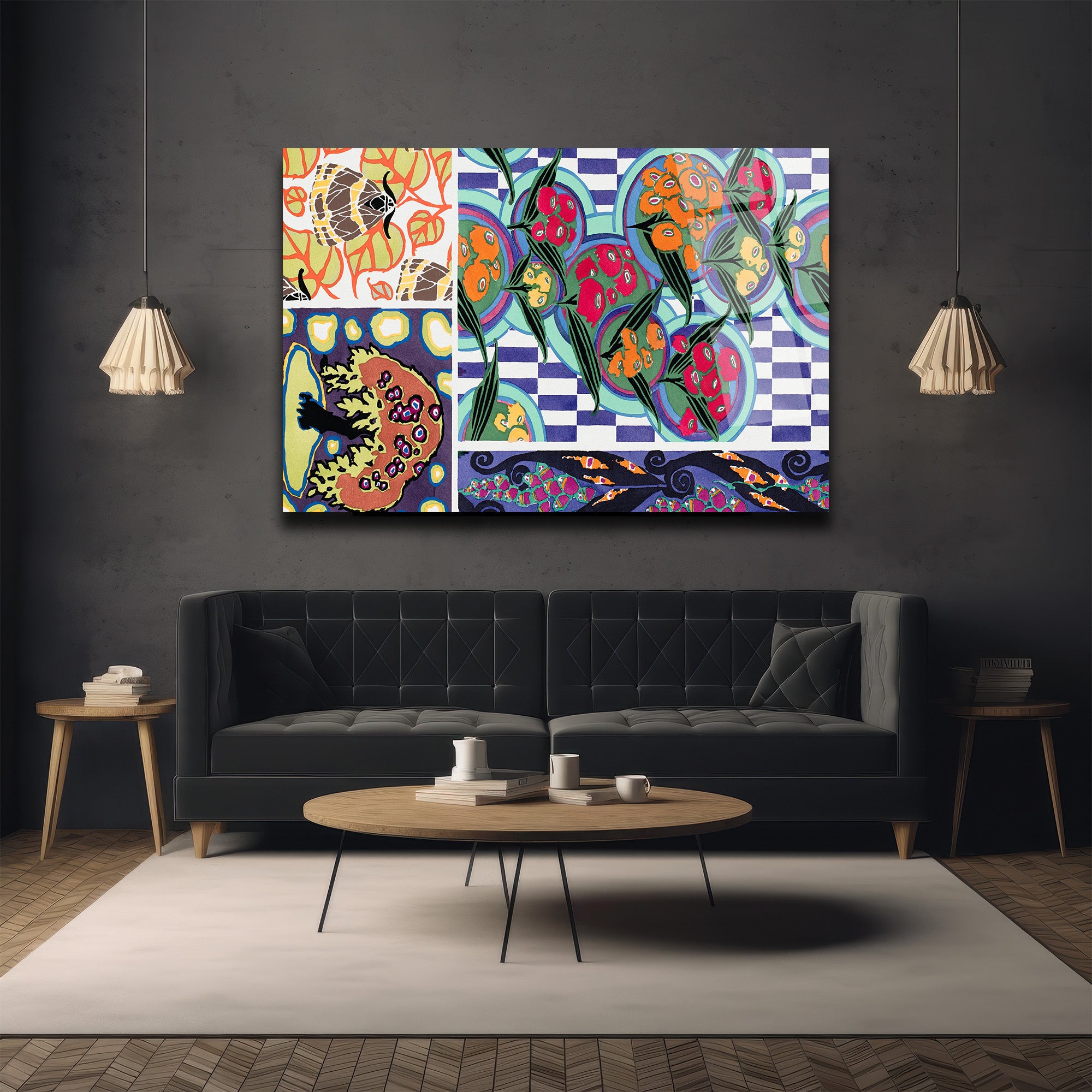 Canlı Soyut Desenler & Geometrik Uyum Cam Tablo