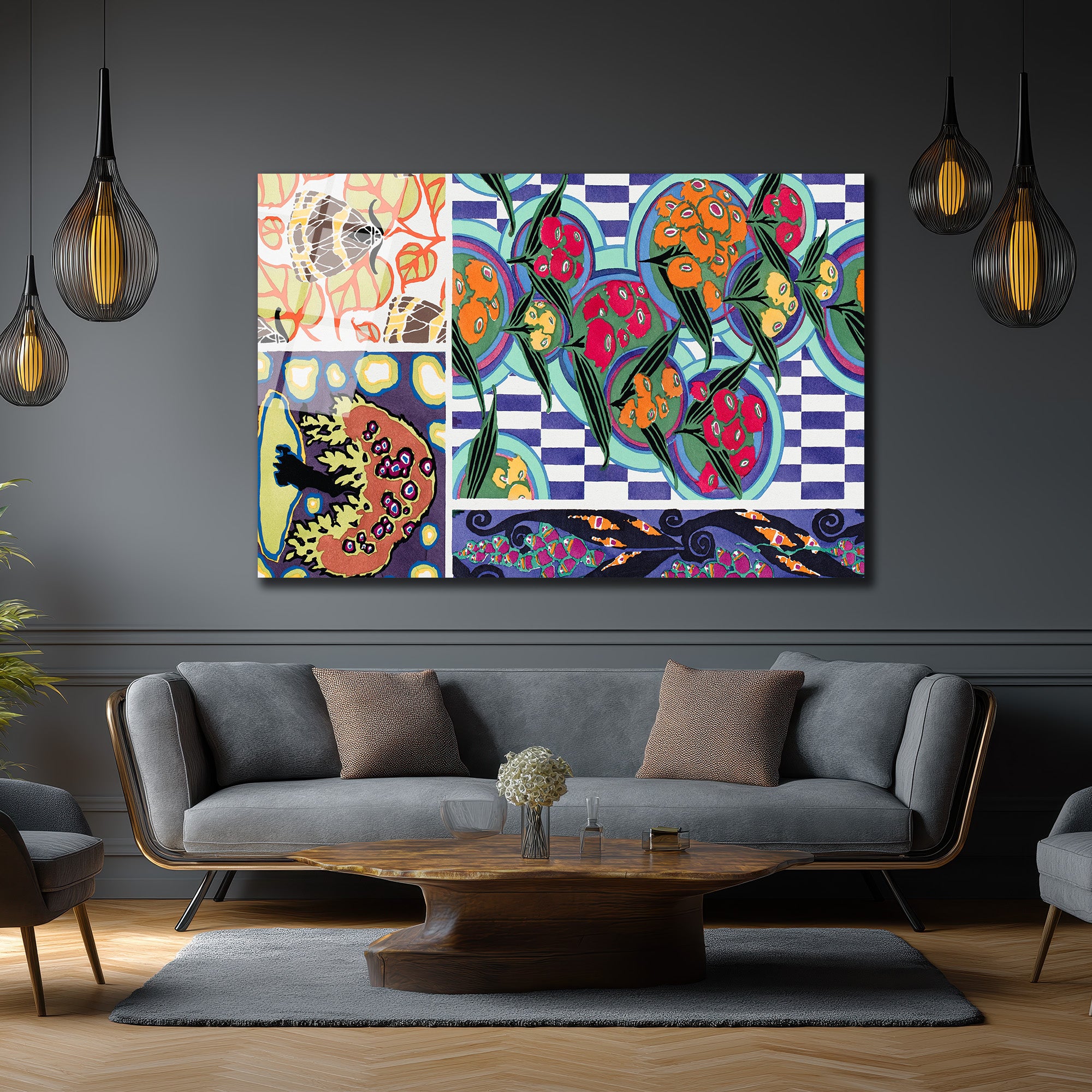 Canlı Soyut Desenler & Geometrik Uyum Cam Tablo