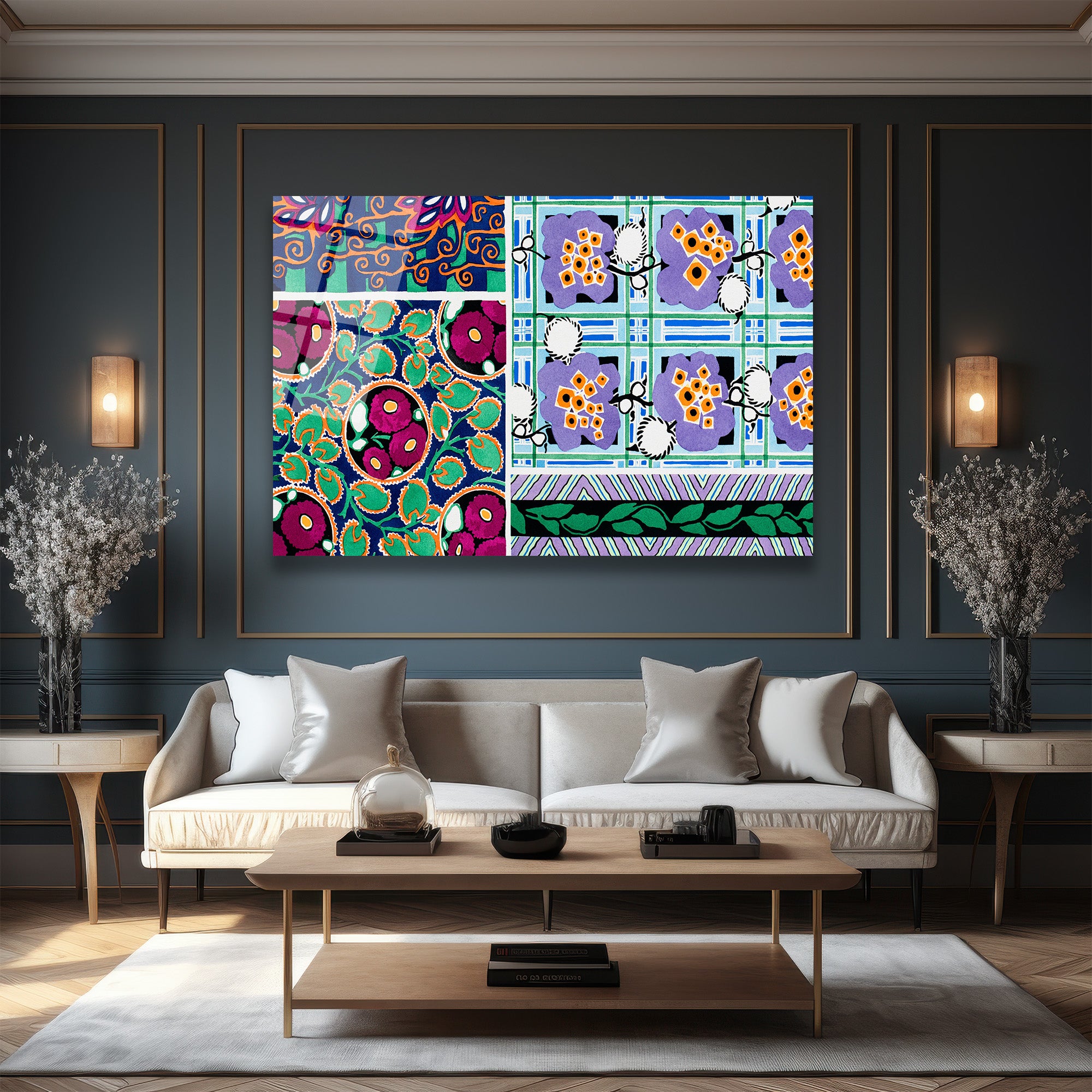 Canlı Renklerle Eclectic Desenler Cam Tablo - Glazella Sanat Koleksiyonu