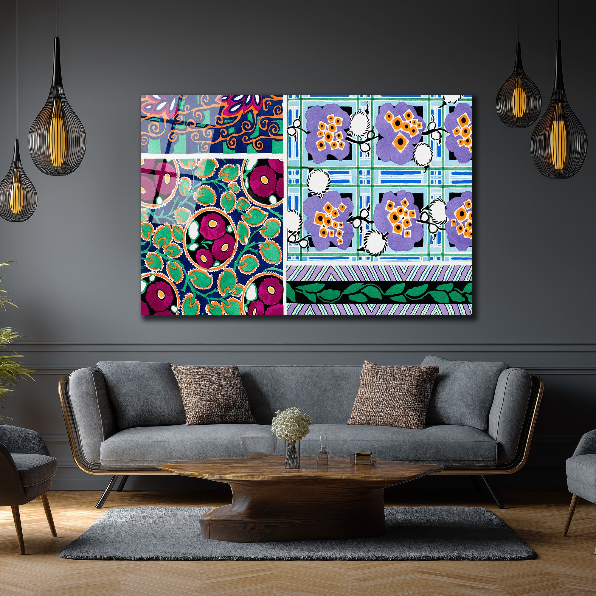 Canlı Renklerle Eclectic Desenler Cam Tablo - Glazella Sanat Koleksiyonu