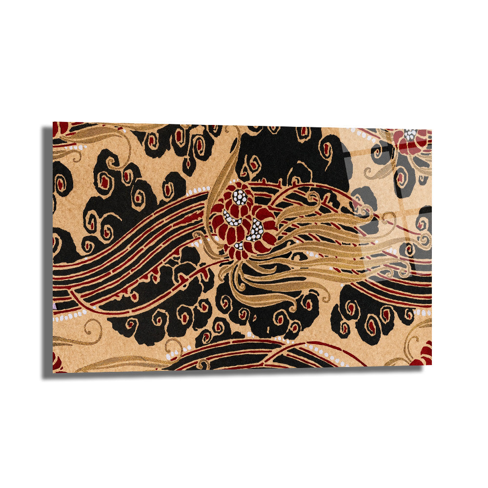 Art Nouveau Esintili Siyah Kırmızı Altın Desenli Cam Tablo