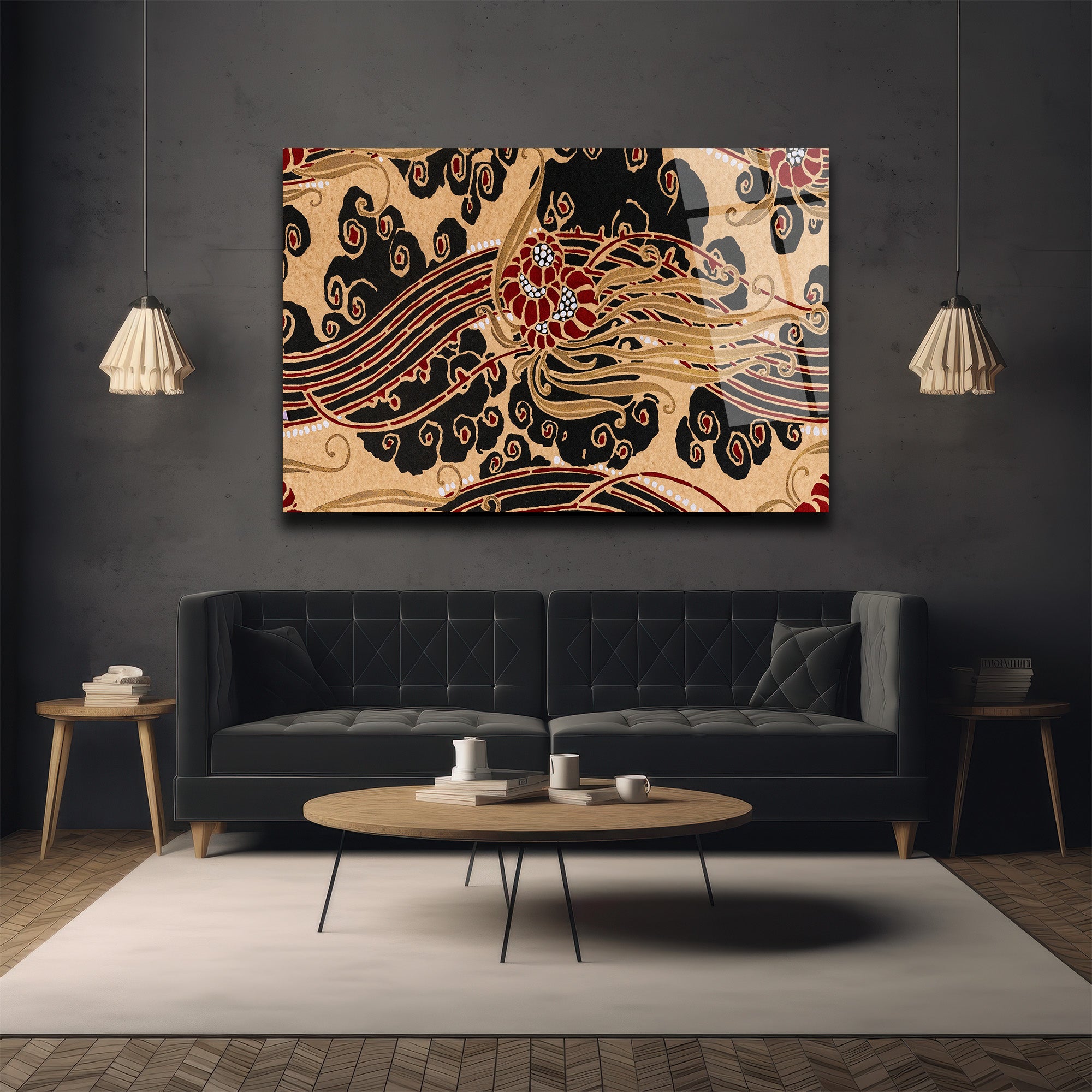 Art Nouveau Esintili Siyah Kırmızı Altın Desenli Cam Tablo