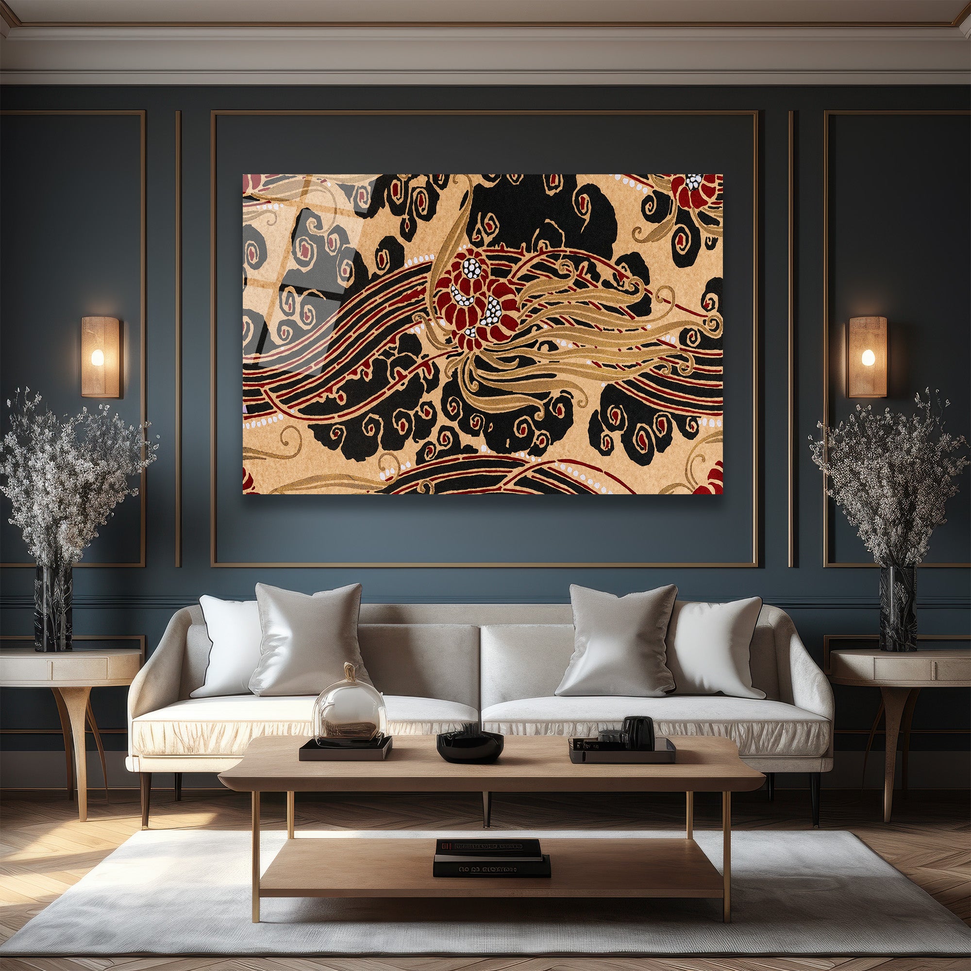 Art Nouveau Esintili Siyah Kırmızı Altın Desenli Cam Tablo