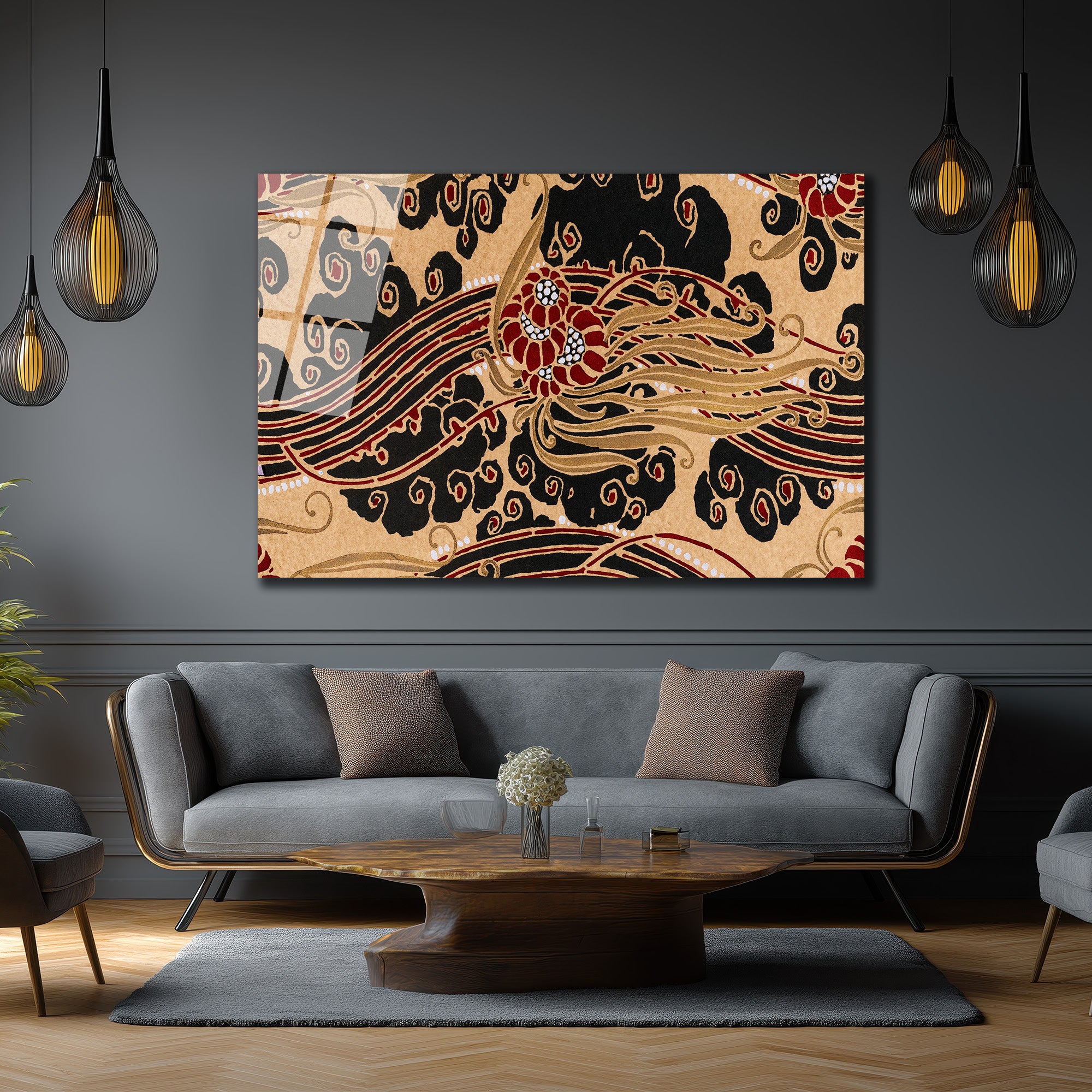 Art Nouveau Esintili Siyah Kırmızı Altın Desenli Cam Tablo