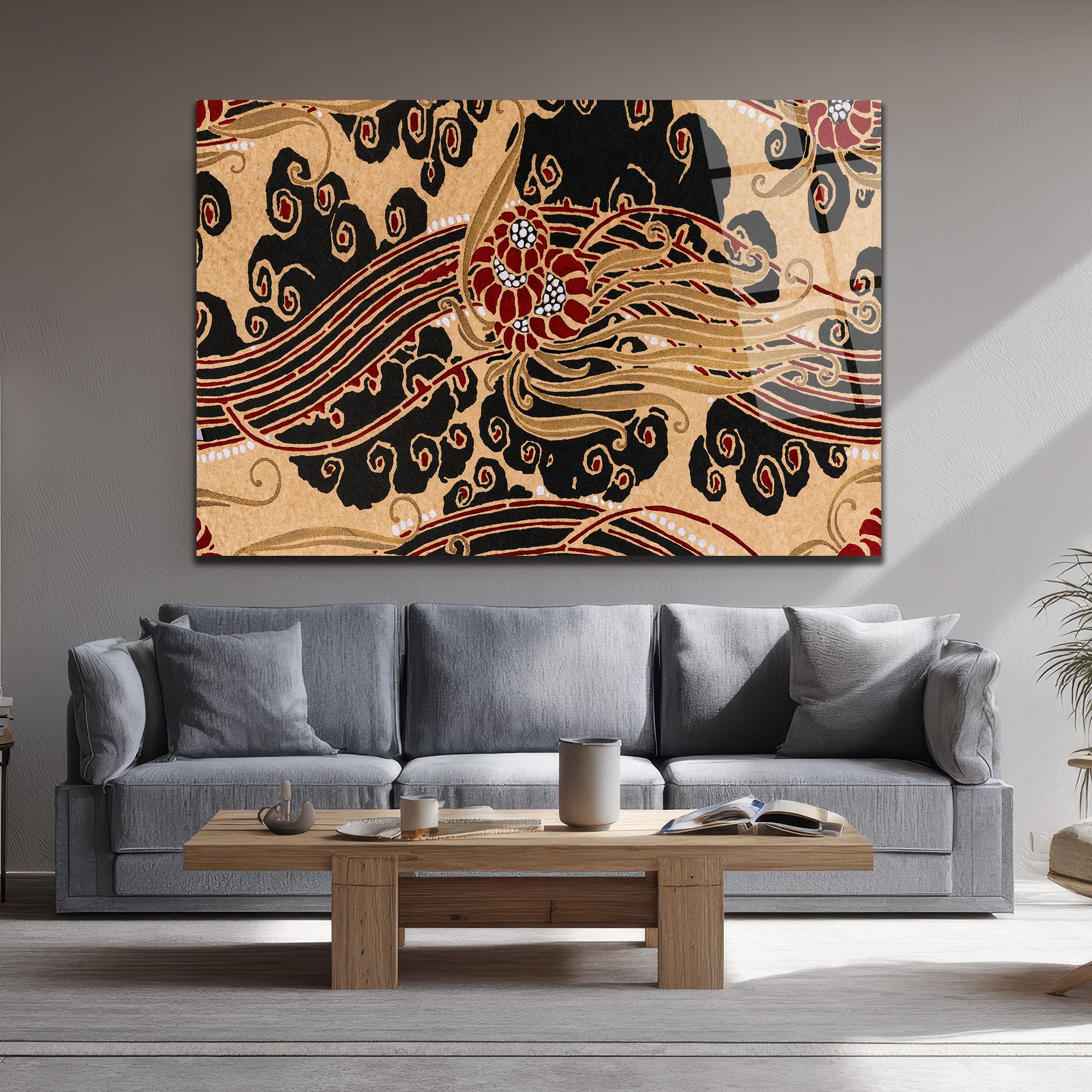 Art Nouveau Esintili Siyah Kırmızı Altın Desenli Cam Tablo