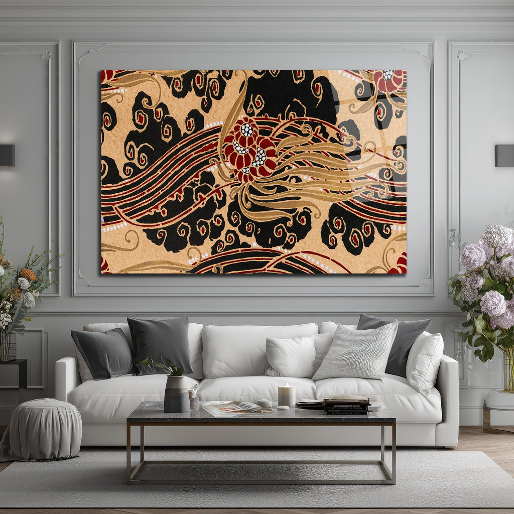 Art Nouveau Esintili Siyah Kırmızı Altın Desenli Cam Tablo