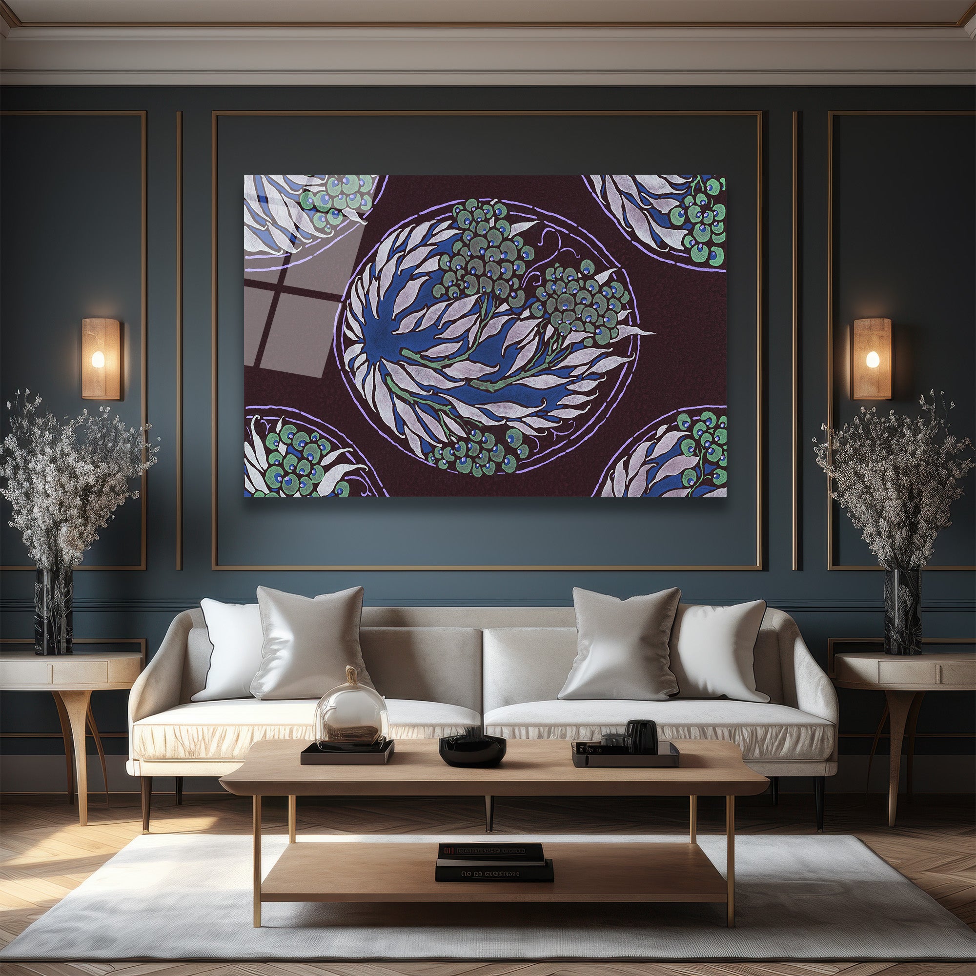 Art Nouveau Esintili Botanik Desenli Cam Tablo