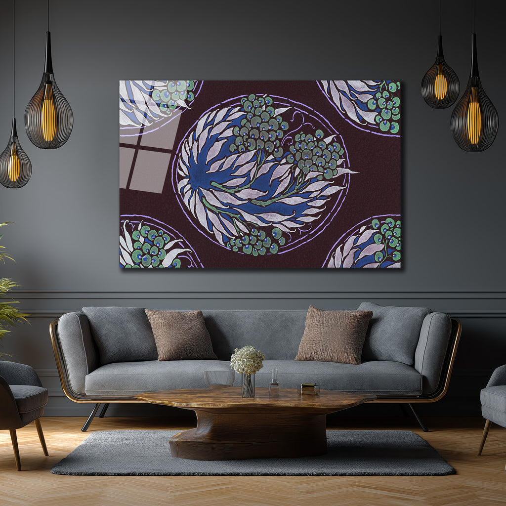 Art Nouveau Esintili Botanik Desenli Cam Tablo