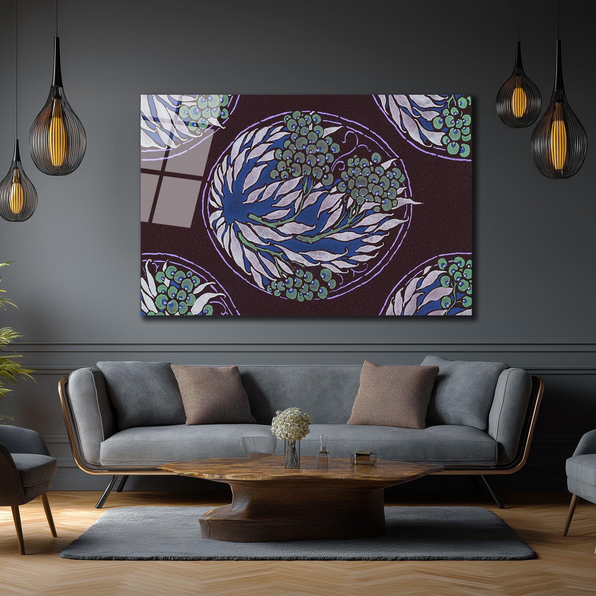 Art Nouveau Esintili Botanik Desenli Cam Tablo