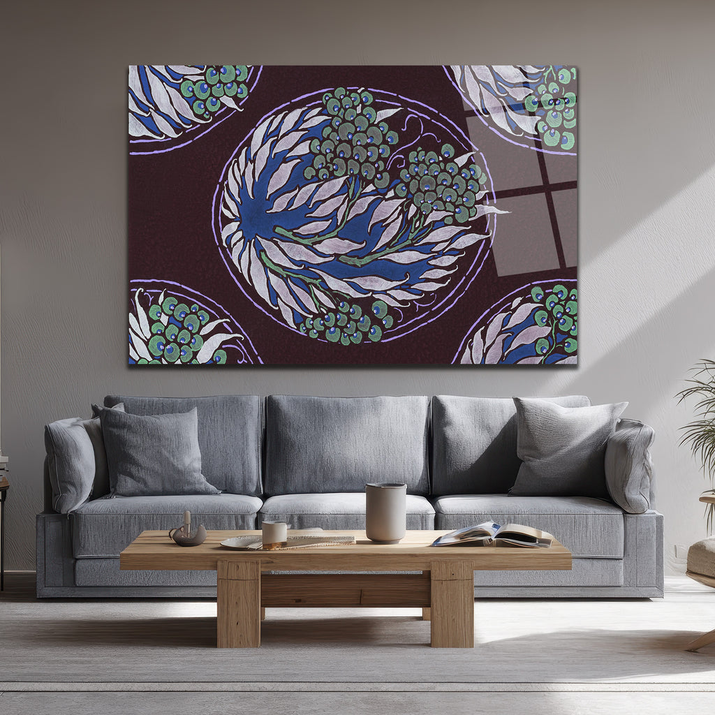 Art Nouveau Esintili Botanik Desenli Cam Tablo