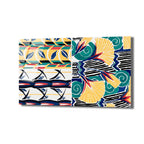 Canlı sarı, turkuaz, lacivert ve kırmızı tonlarında, sağda organik fan ve spiral desenleri, solda geometrik çizgi ve yaprak motiflerini birleştiren modern soyut cam tablo.