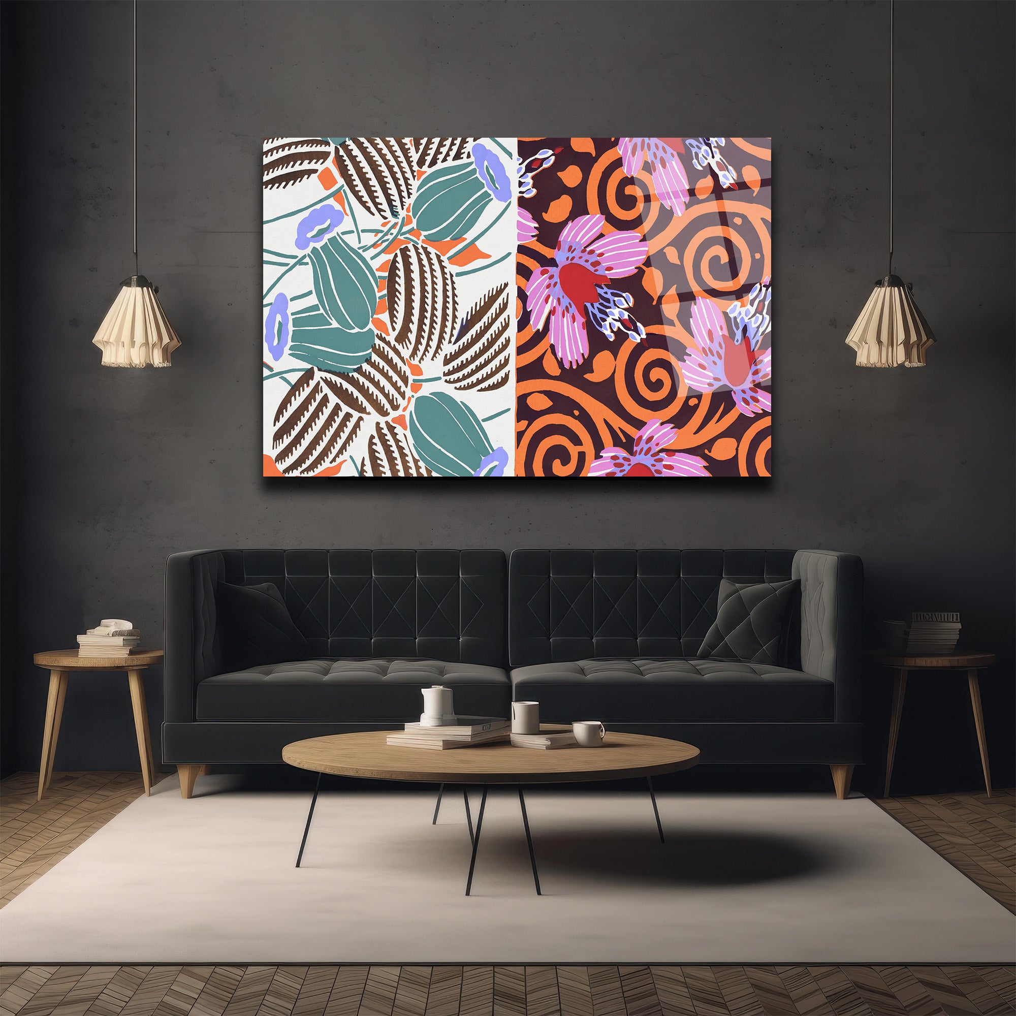 Art Nouveau Çifte Desen Botanik ve Çiçekli Modern Cam Tablo
